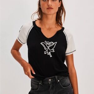 Free People Pep Rally Embroidered Rose Black White Baseball Tee Shirt